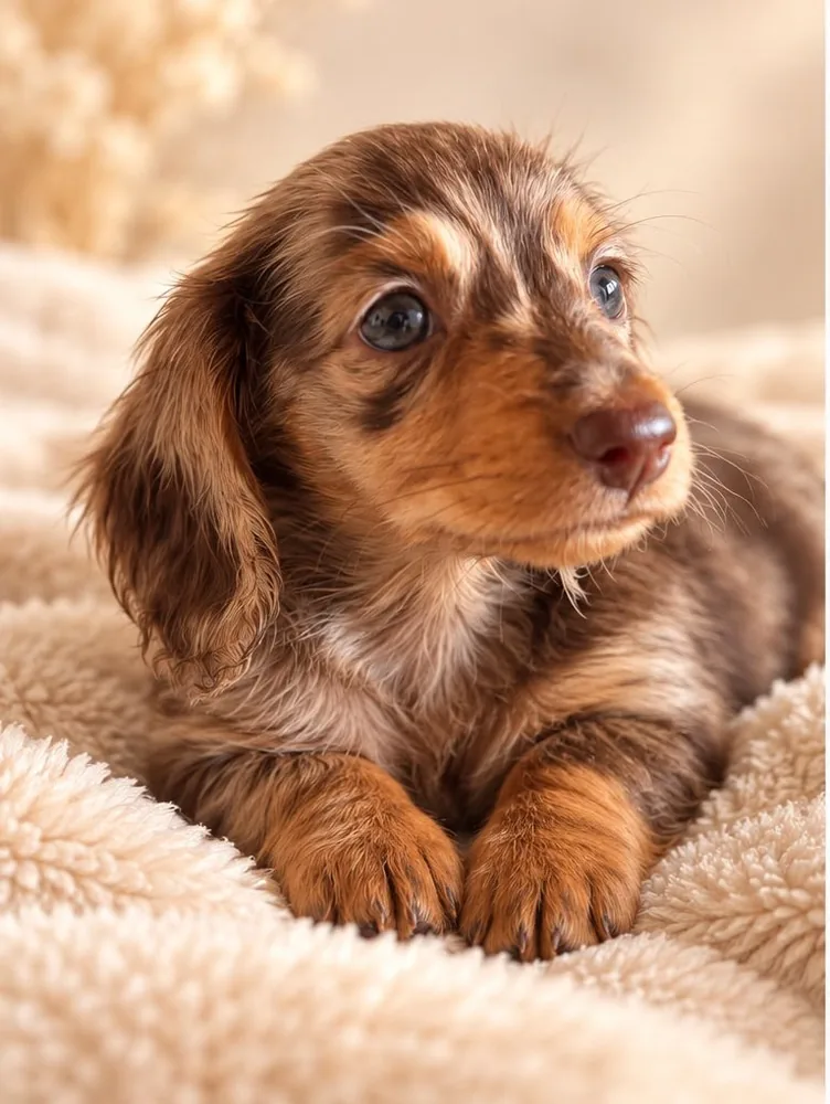 Chocolate dapple puppy on a blanket