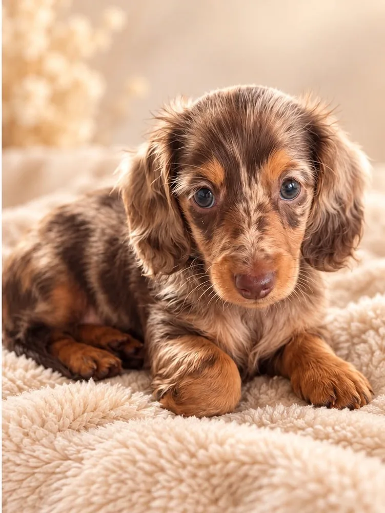 Chocolate dapple puppy looking at the camera