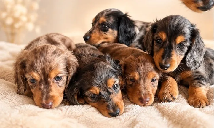 Five puppies side by side